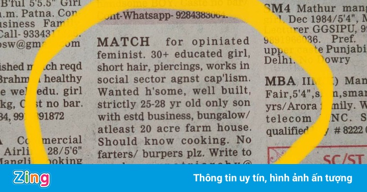Mẩu quảng cáo tìm chồng ‘đẹp trai, nhà rộng 8 ha’ gây xôn xao ở Ấn Độ Mẩu quảng cáo tìm chồng ‘đẹp trai, nhà rộng 8 ha’ gây xôn xao ở Ấn Độ
