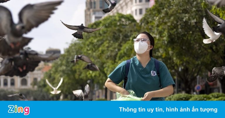 Bức ảnh tình nguyện viên cho chim bồ câu ăn trên phố đi bộ Nguyễn Huệ Bức ảnh tình nguyện viên cho chim bồ câu ăn trên phố đi bộ Nguyễn Huệ
